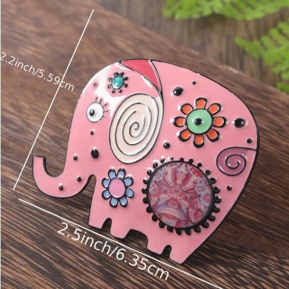 Pink Enamel Elephant Brooch Whimsical Floral Pattern - Picture 2 of 2